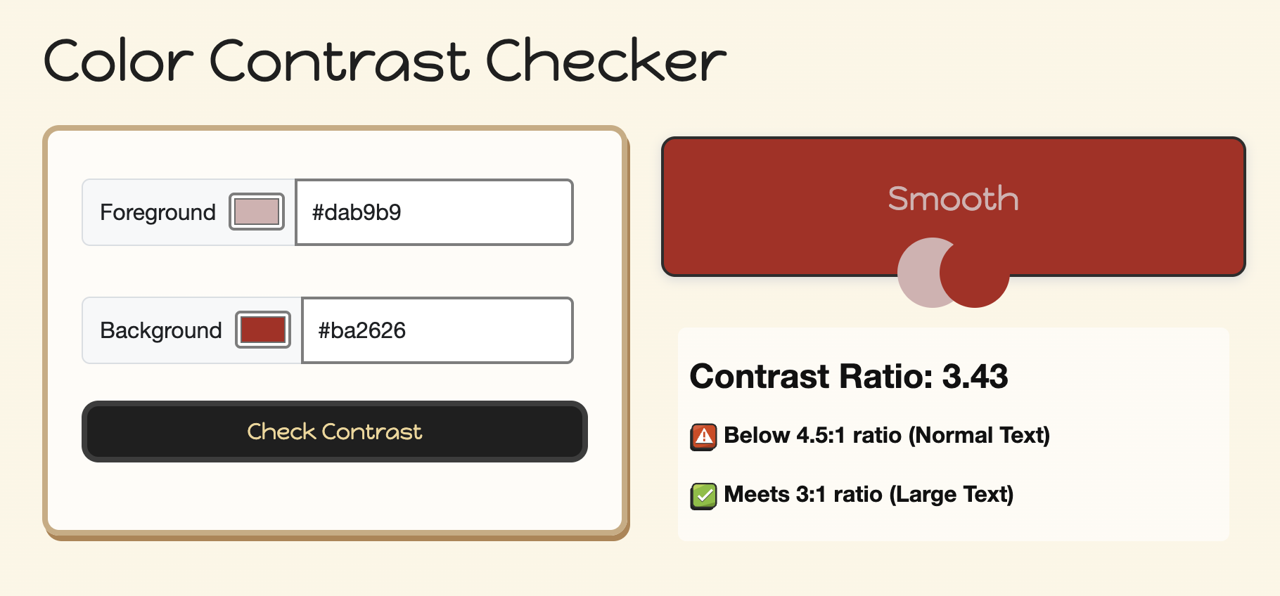 Contrast check for WCAG AA compliance with Coco by Smooth Mojo